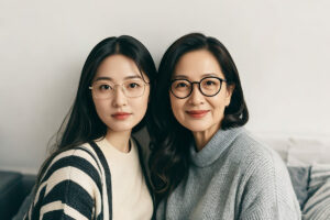 Asian mother and daughter wearing glasses, smiling together indoors, representing different age groups for laser eye surgery considerations